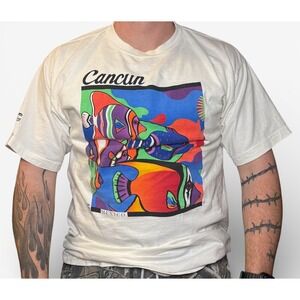 Vintage Cancun Mexico Fish Art Graphic T-Shirt Men Large White Short Sleeve